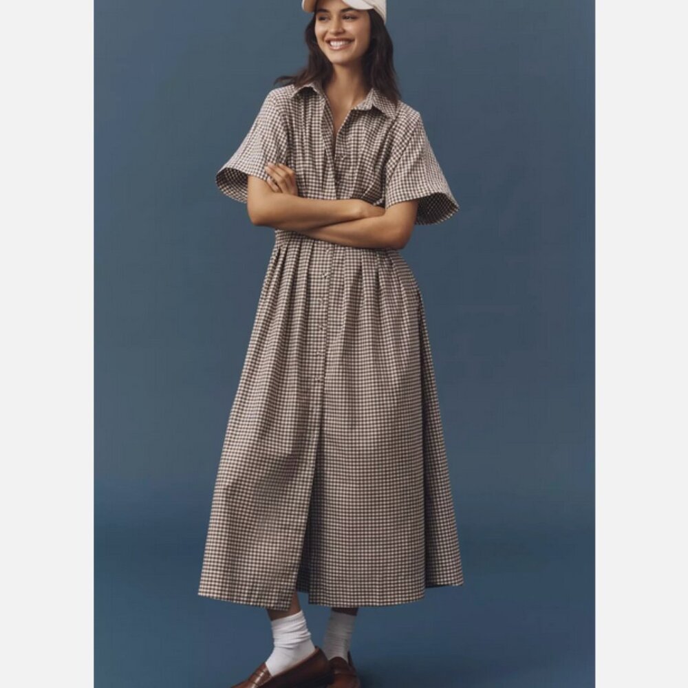Anthropologie The Tobie Studded Shirt Dress by Exquise Brown Gingham 2X NWT Plus